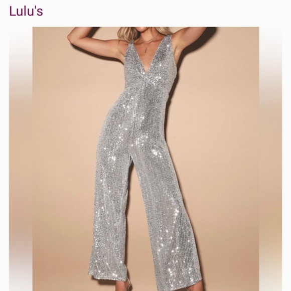 Lulu’s Silver Sequin Sleeveless Wide-Leg Jumpsuit - Picture 1 of 5